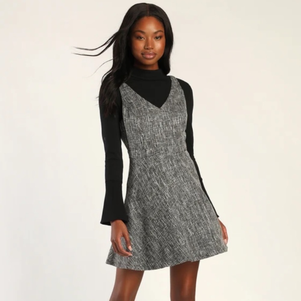 Lulu’s Chic and Classic Grey Boucle Skater Mini Dress